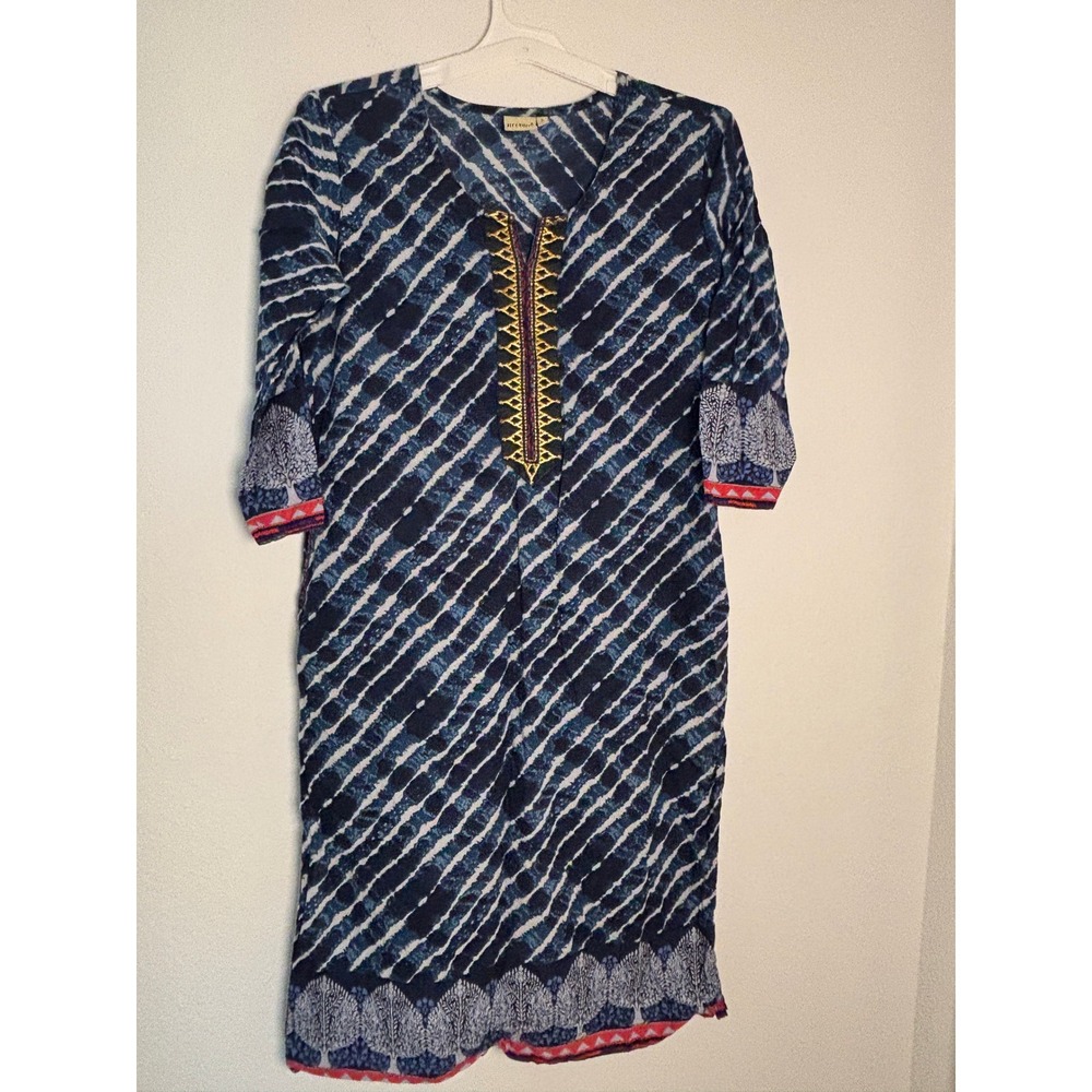 Neerus Blue Tie Dye Embroidered Kurti Tunic Top 3/4 Sleeve Size L